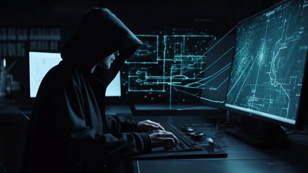 Man in a black hooded sweatshirt sitting in front of numerous computer screens