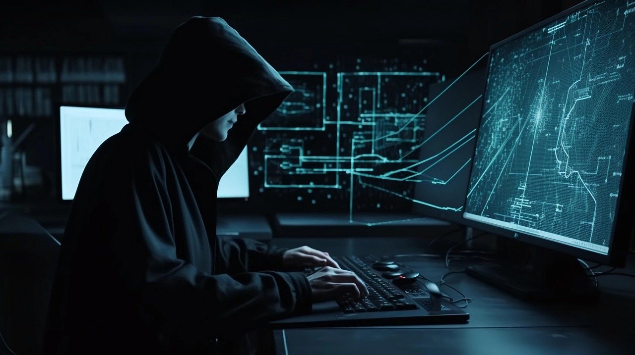 Man in a black hooded sweatshirt sitting in front of numerous computer screens